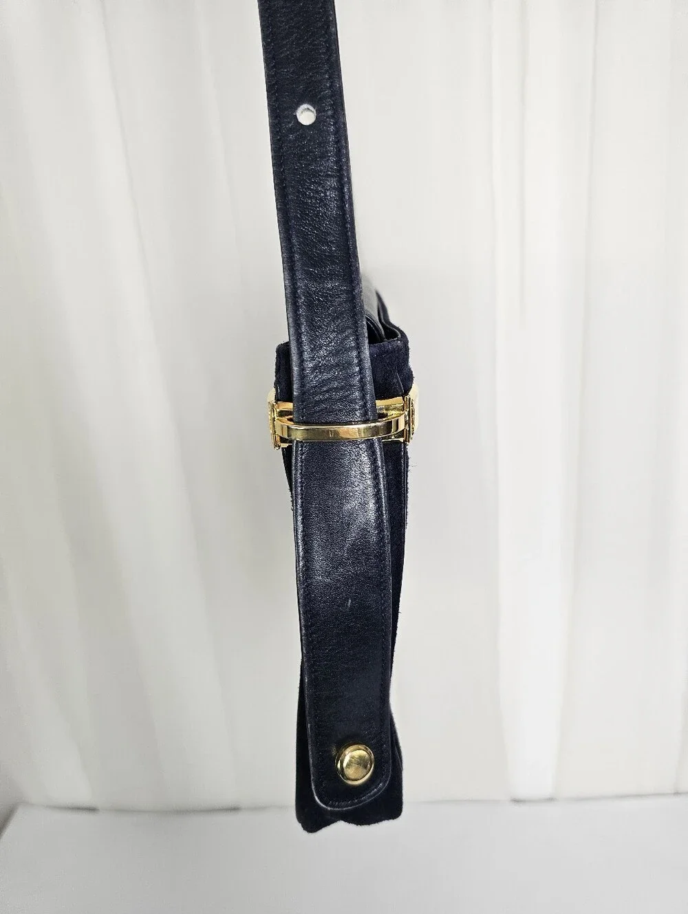 Vintage Neiman Marcus Navy Suede Shoulder Bag Gold Hardware